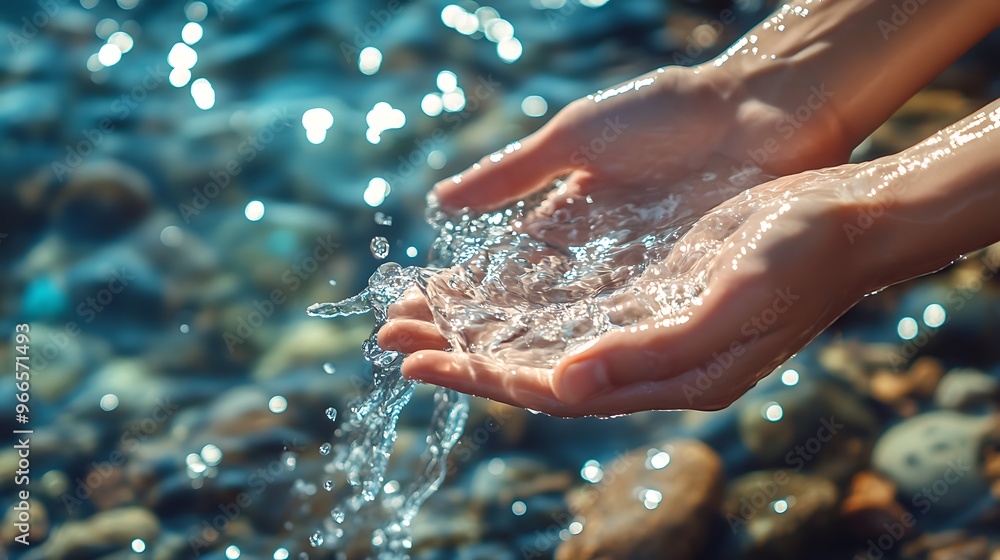 Refreshing Vitality: Close-up of Hands Holding Clear Water, Pebbles in Background Refreshing Vitality: Close-up of Hands Holding Clear Water, Pebbles in Background