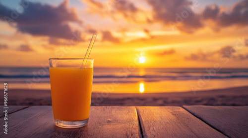 glass of orange juice with straw on beach at sunset. photo