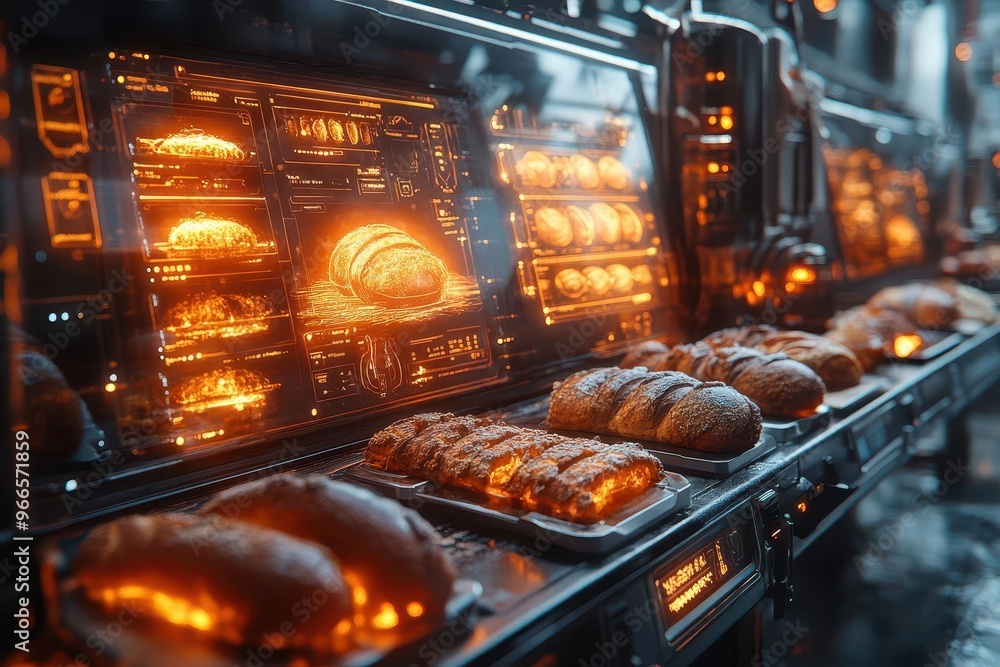 artisanal bakery scene with holographic recipe displays 3dprinted bread varieties futuristic baking tools artisanal bakery scene with holographic recipe displays 3dprinted bread varieties futuristic baking tools
