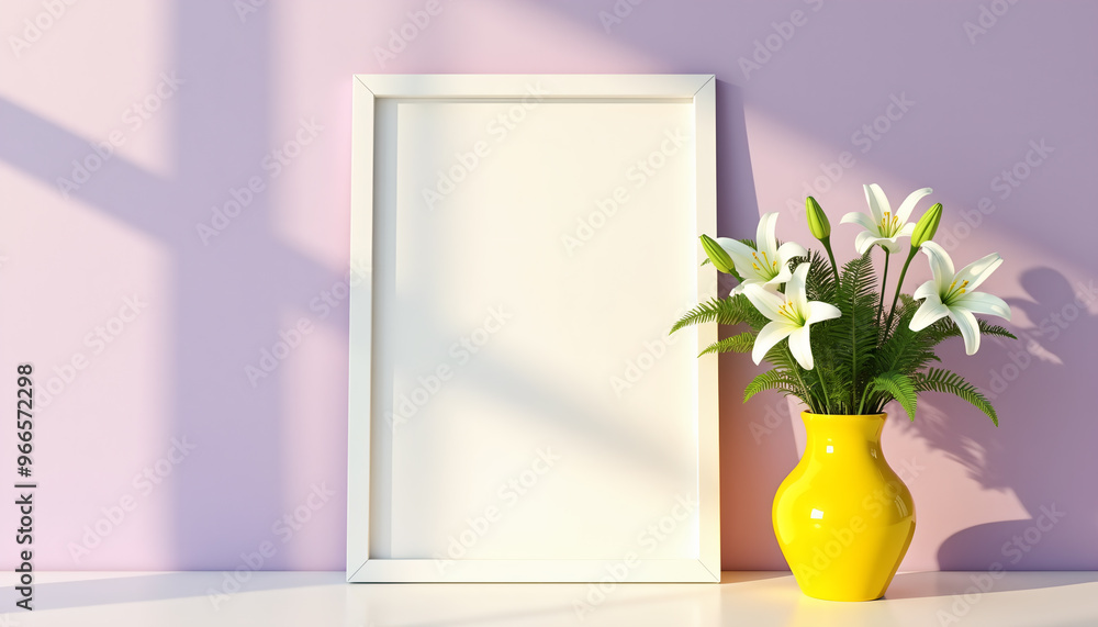 Minimalist Blank Frame with Flowers and Sunlight in Room Minimalist Blank Frame with Flowers and Sunlight in Room