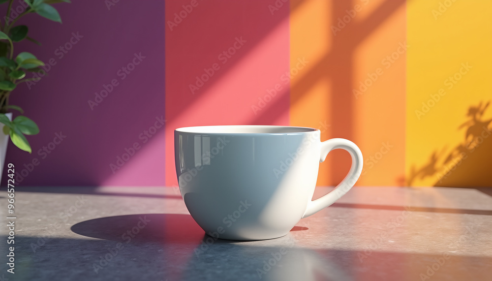 White Coffee Mug on Gray Surface with Pink and Orange Background White Coffee Mug on Gray Surface with Pink and Orange Background