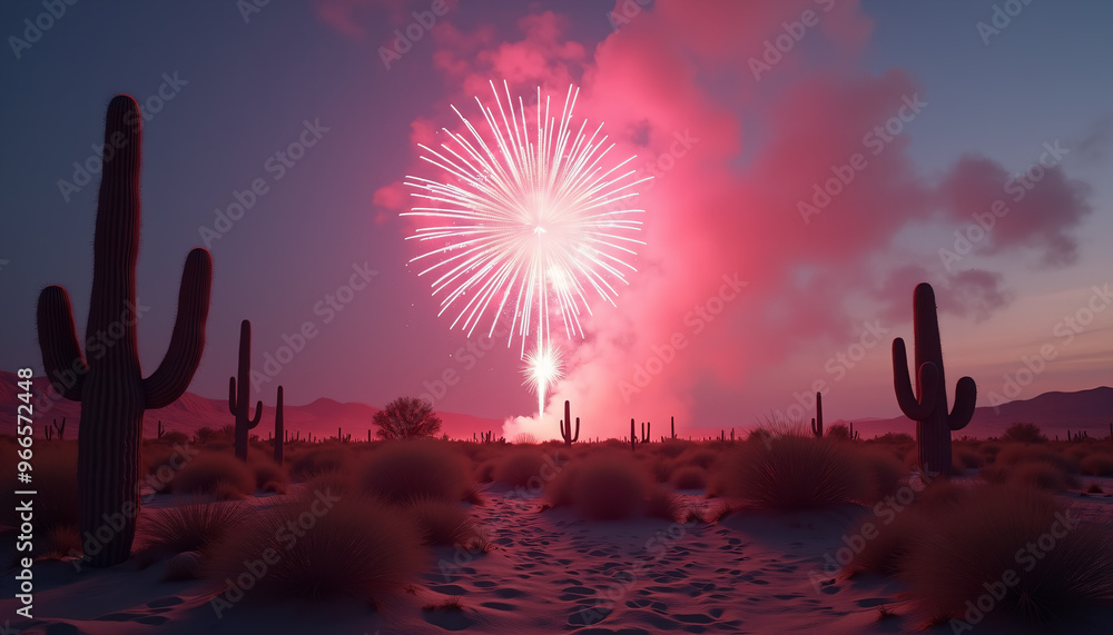Pink Firework Over Desert with Cacti at Twilight Pink Firework Over Desert with Cacti at Twilight