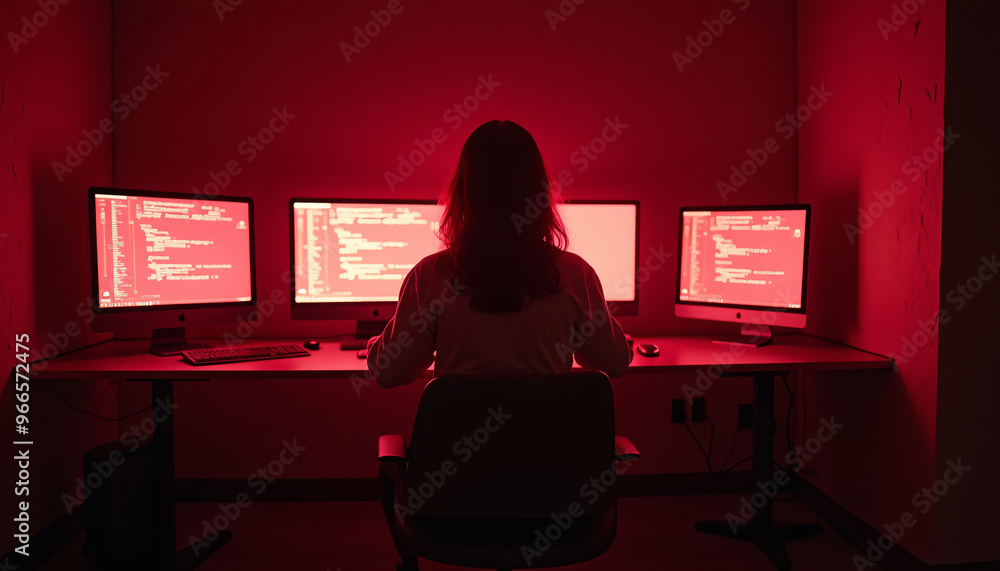 Female Hacker in Red Room with Multiple Monitors Female Hacker in Red Room with Multiple Monitors