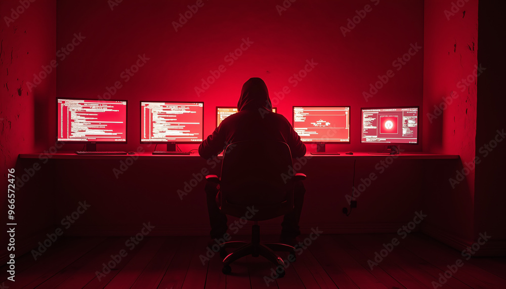 Hooded Hacker in Red Room with Multiple Monitors Hooded Hacker in Red Room with Multiple Monitors