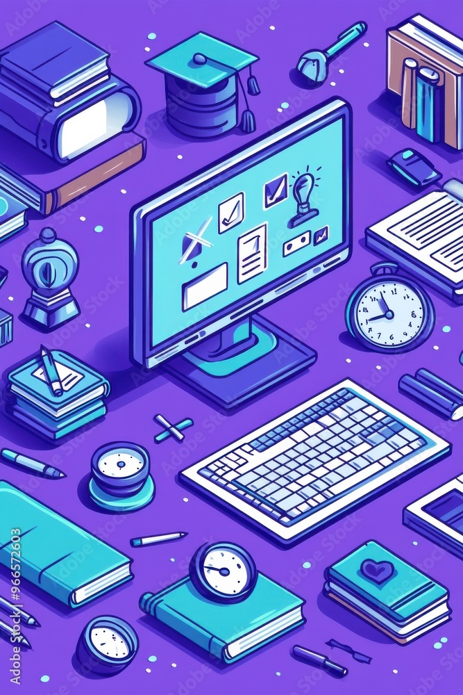 Flat illustration of an online learning environment with computer monitor and educational tools Flat illustration of an online learning environment with computer monitor and educational tools