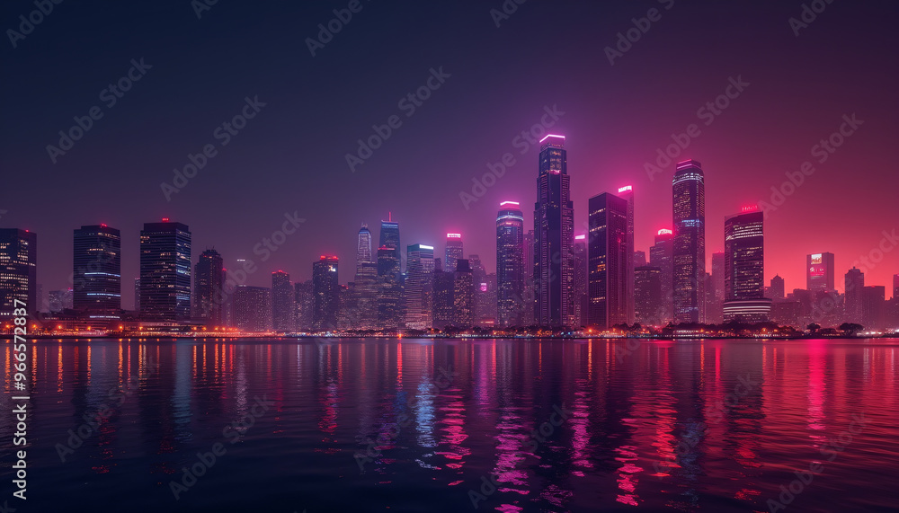 Fototapeta premium City Skyline with Neon Pink Reflections on Water