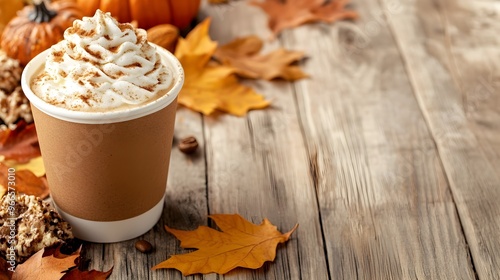 Cozy Autumn Pumpkin Spice Latte with Whipped Cream on Rustic Wooden Table