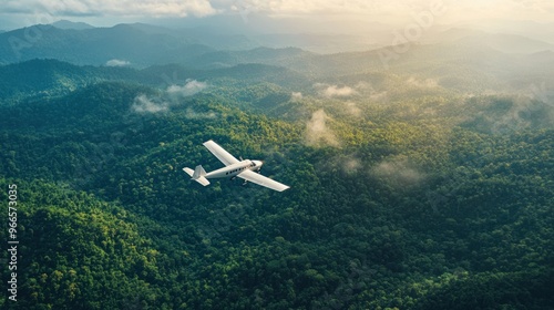 Aerial View of a Small Plane Flying Over Lush Green Mountains
