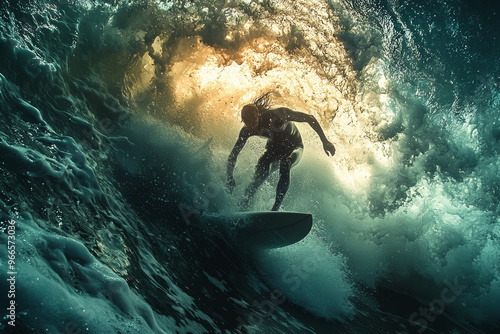 A surfer riding a powerful wave, their body perfectly balanced amidst the dynamic water. Concept of balance, strength, and dynamic motion.