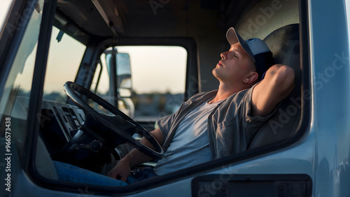 Wallpaper Mural Man Resting in the Driver's Seat of a Truck During a Break at Sunset, Exhibiting Driver Fatigue Torontodigital.ca