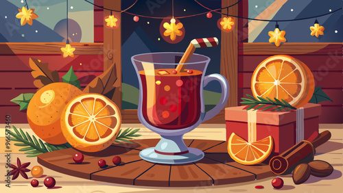 Cozy winter scene with a glass of mulled wine, oranges, cinnamon, and festive decorations. Warm holiday atmosphere with gifts and glowing stars.