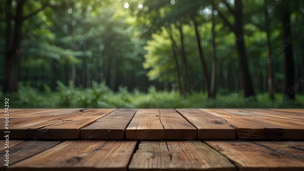 Empty wooden table with blurred green nature in forest background for product mockup Generative AI Empty wooden table with blurred green nature in forest background for product mockup Generative AI