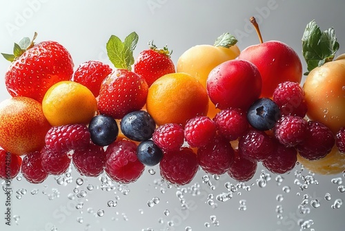 artistic fruit arrangement in zero gravity various fruits floating against stark white backdrop highcontrast lighting photo