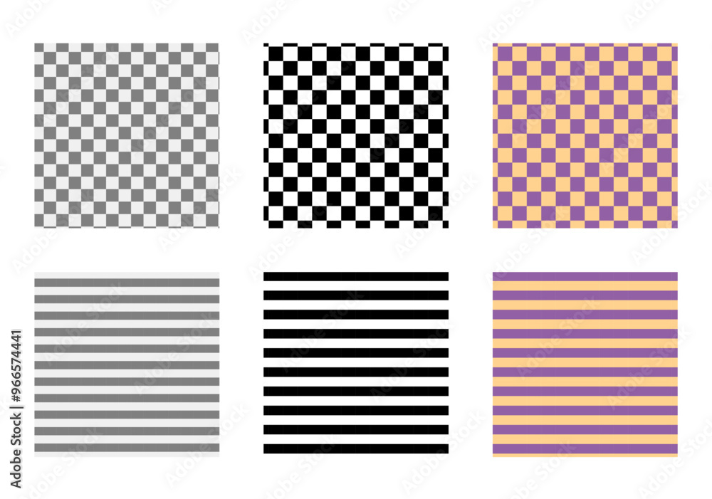 Set of stripes and chess checkerboard seamless patterns. Print for Fashion accessory clothing technical illustration. Vector Black, grey and purple orange lines flat sketch outline isolated
