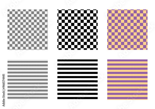 Set of stripes and chess checkerboard seamless patterns. Print for Fashion accessory clothing technical illustration. Vector Black, grey and purple orange lines flat sketch outline isolated