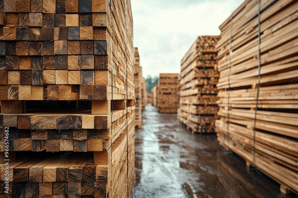 Stacked Wooden Beams at Lumberyard Stacked Wooden Beams at Lumberyard