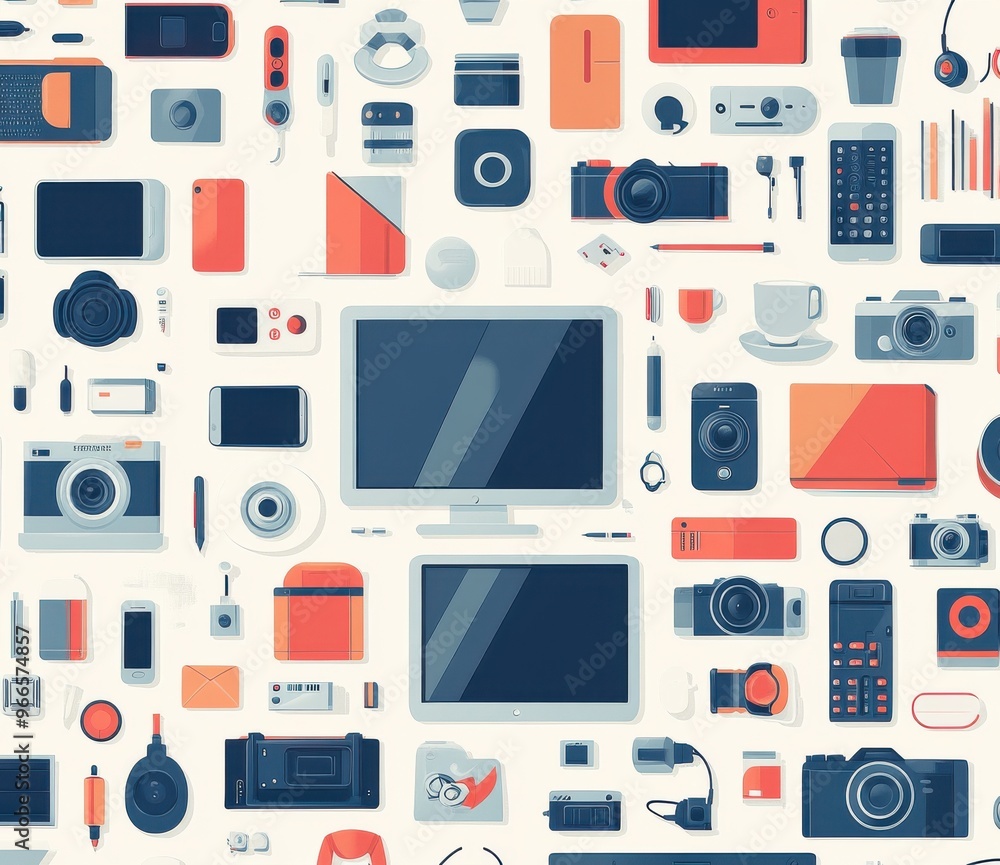 Flat illustration of various digital devices and gadgets in a seamless pattern with a modern design featuring cameras, smartphones, and computers. Flat illustration of various digital devices and gadgets in a seamless pattern with a modern design featuring cameras, smartphones, and computers.