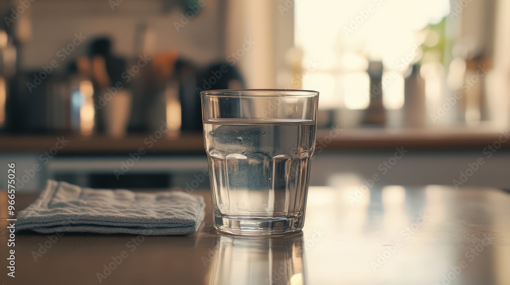 A glass of water on a kitchen table with a napkin beside it, capturing the morning sunlight through the window in a cozy kitchen scene.