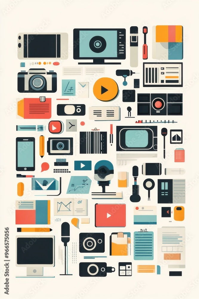 Flat illustration of various digital media icons and technology elements in modern design Flat illustration of various digital media icons and technology elements in modern design
