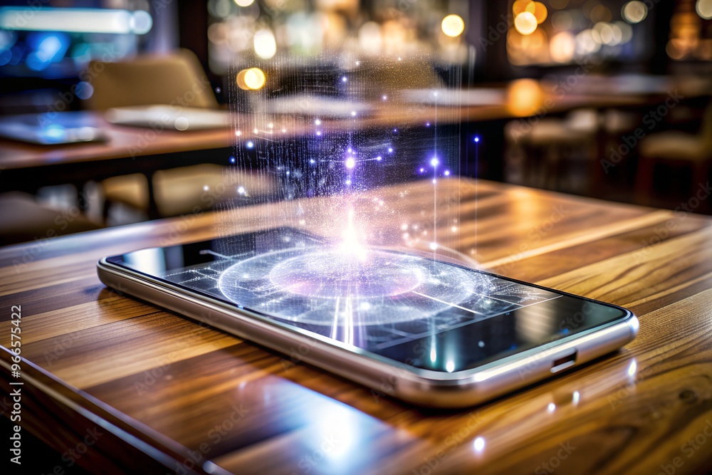 Sleek Transparent Smartphone with Holographic Display in Minimalist High-Tech Workspace - Digital Innovation and Glowing Interface Sleek Transparent Smartphone with Holographic Display in Minimalist High-Tech Workspace - Digital Innovation and Glowing Interface