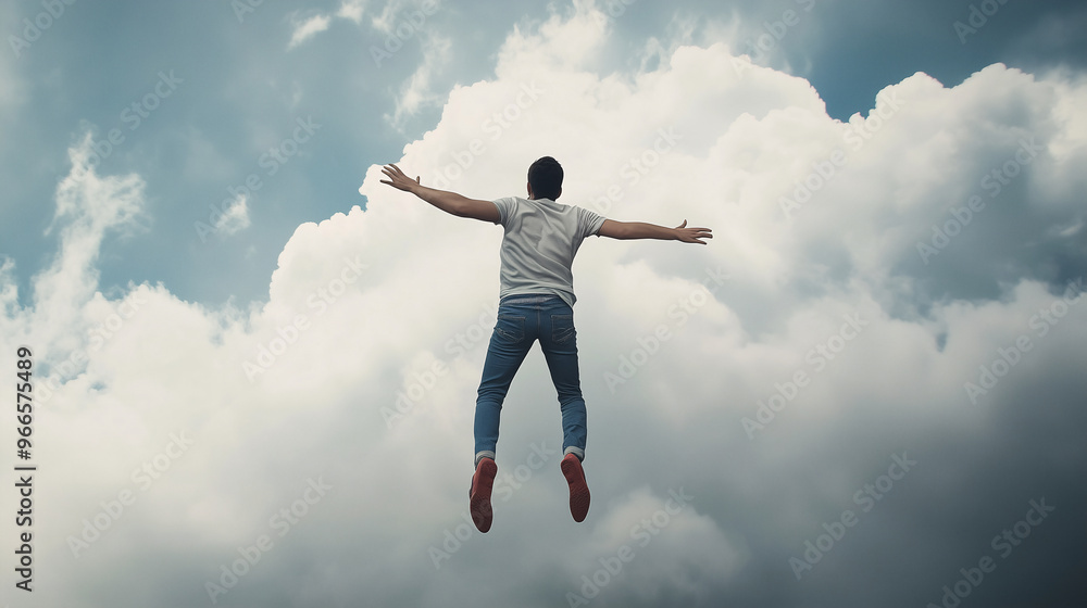 A person flying upwards towards the clouds with outstretched arms A person flying upwards towards the clouds with outstretched arms