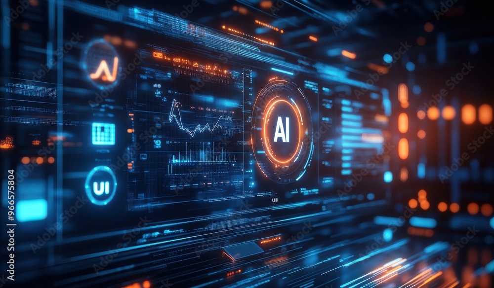 Futuristic digital interface displaying AI technology with data visualization and UI elements in a high-tech environment Futuristic digital interface displaying AI technology with data visualization and UI elements in a high-tech environment