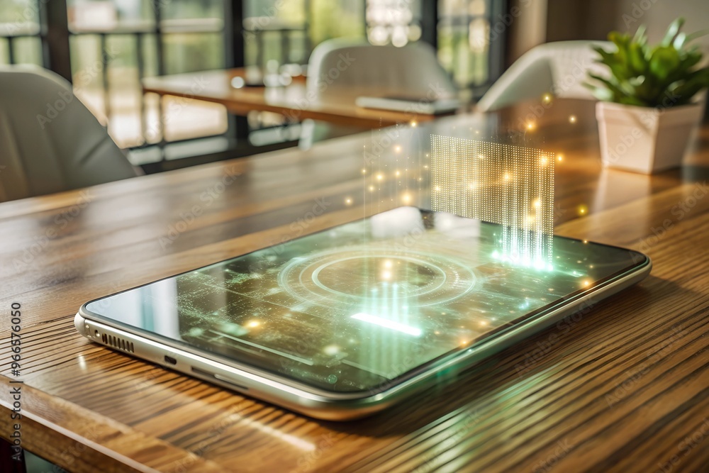 Sleek Transparent Smartphone with Holographic Display in Minimalist High-Tech Workspace - Digital Innovation and Glowing Interface Sleek Transparent Smartphone with Holographic Display in Minimalist High-Tech Workspace - Digital Innovation and Glowing Interface