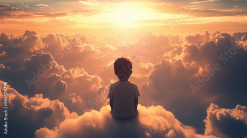 A child sitting on clouds watching the sunrise in a peaceful setting #966576298