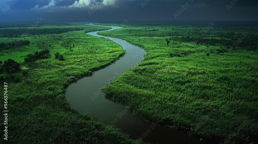 A picturesque view of a winding river cutting through lush green fields under a moody sky, creating a serene and tranquil landscape. A picturesque view of a winding river cutting through lush green fields under a moody sky, creating a serene and tranquil landscape.