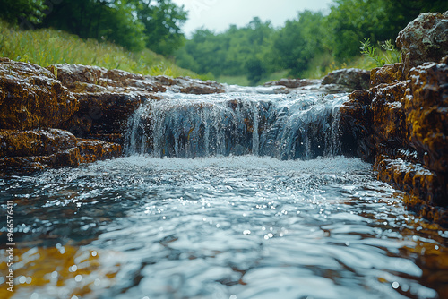 A calm river flowing smoothly over rocks, creating a rhythmic, natural soundscape. Concept of nature's flow and tranquility.