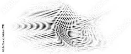 Flowing Wave Dot Halftone Pattern: Curve Gradient Shape on Transparent Background. Suitable for AI, Tech, Network, Digital, Science, and Technology Themes.