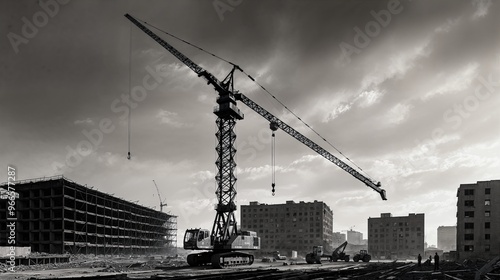 generative ai, Construction Site with Tower Crane in Black and White photo