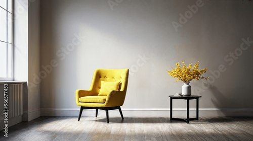 generative ai, Yellow Armchair in Minimalist Interior with Flower Vase photo