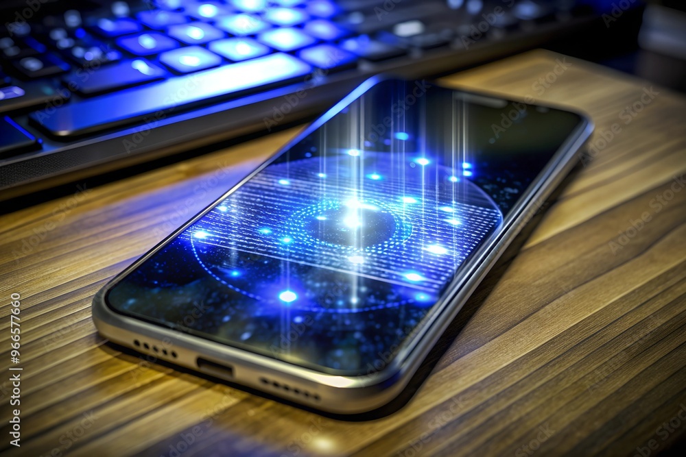 Sleek Transparent Smartphone with Holographic Display in Minimalist High-Tech Workspace - Digital Innovation and Glowing Interface Sleek Transparent Smartphone with Holographic Display in Minimalist High-Tech Workspace - Digital Innovation and Glowing Interface