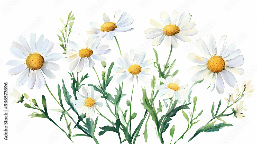 Obraz premium Watercolor daisy floral illustration, chamomile spring flowers clipart, wildflower arrangement and summer wreath, wedding invitations. Spring Blossom. Illustration