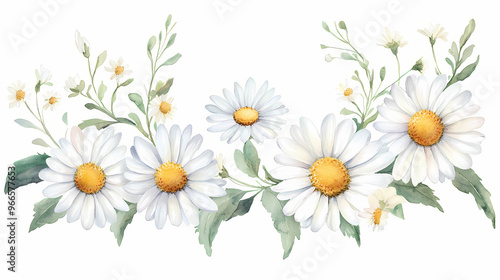Fototapeta Naklejka Na Ścianę i Meble -  Watercolor daisy floral illustration, chamomile spring flowers clipart, wildflower arrangement and summer wreath, wedding invitations. Spring Blossom. Illustration