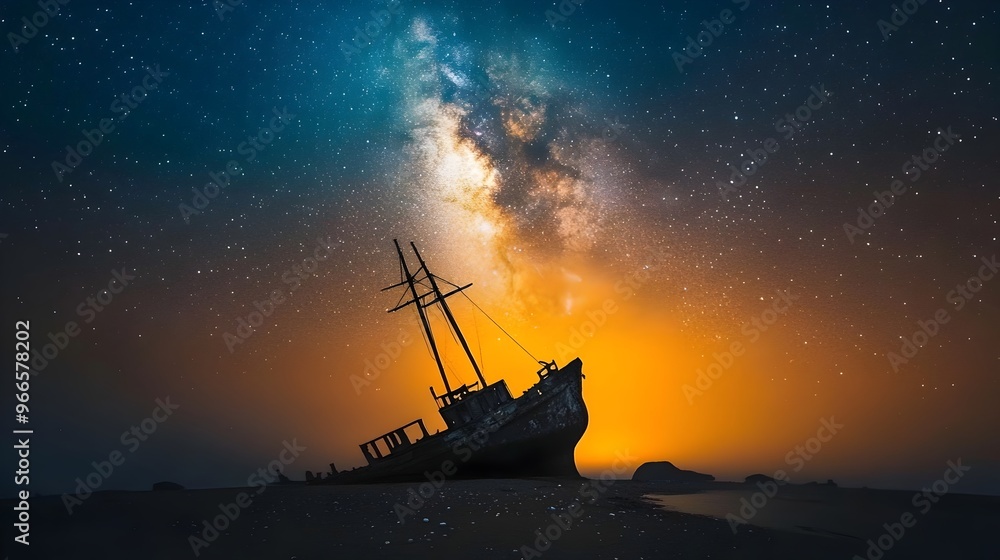 Haunting Silhouette of Shipwreck Under Milky Way s Dramatic Glow Haunting Silhouette of Shipwreck Under Milky Way s Dramatic Glow