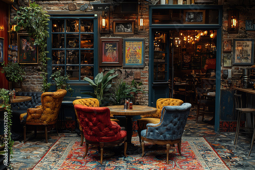 A quirky cafe with eccentric decor and themed furnishings, showcasing the unique and imaginative aspects of restaurant design. Concept of themed cafe and interior design.
