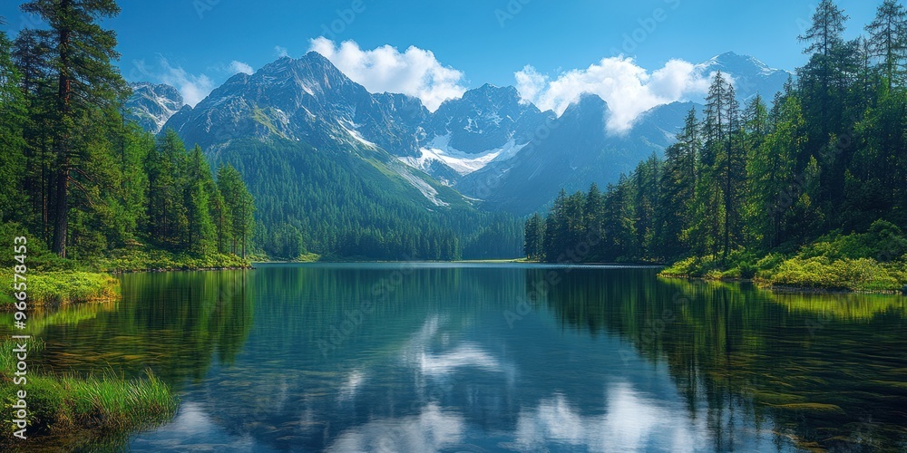Serene Mountain Lake with Snow-Capped Peaks and Lush Forest Serene Mountain Lake with Snow-Capped Peaks and Lush Forest