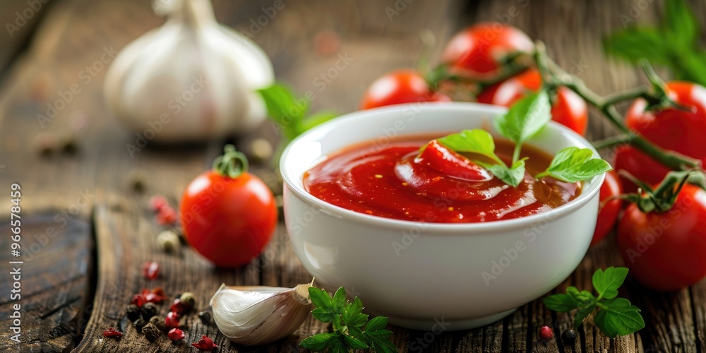 Tomato Ketchup Sauce with Garlic Spices and Herbs Alongside Cherry Tomatoes in a White Porcelain Bowl on Weathered Wooden Table Selective Focus Tomato Ketchup Sauce with Garlic Spices and Herbs Alongside Cherry Tomatoes in a White Porcelain Bowl on Weathered Wooden Table Selective Focus