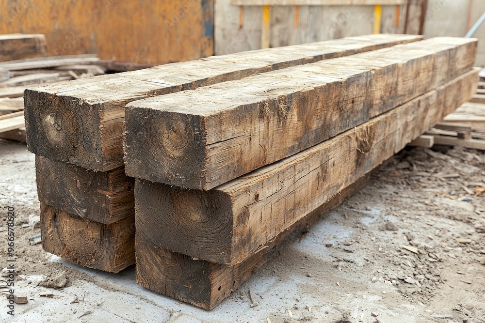 Stack of Weathered Wooden Beams on a Construction Site Stack of Weathered Wooden Beams on a Construction Site