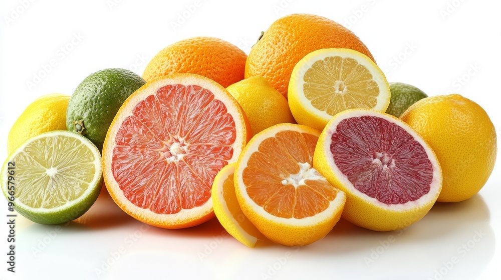 Assorted fresh citrus fruits including sliced orange, lemon, lime, and grapefruit against a white background. Vibrant and colorful arrangement. Assorted fresh citrus fruits including sliced orange, lemon, lime, and grapefruit against a white background. Vibrant and colorful arrangement.
