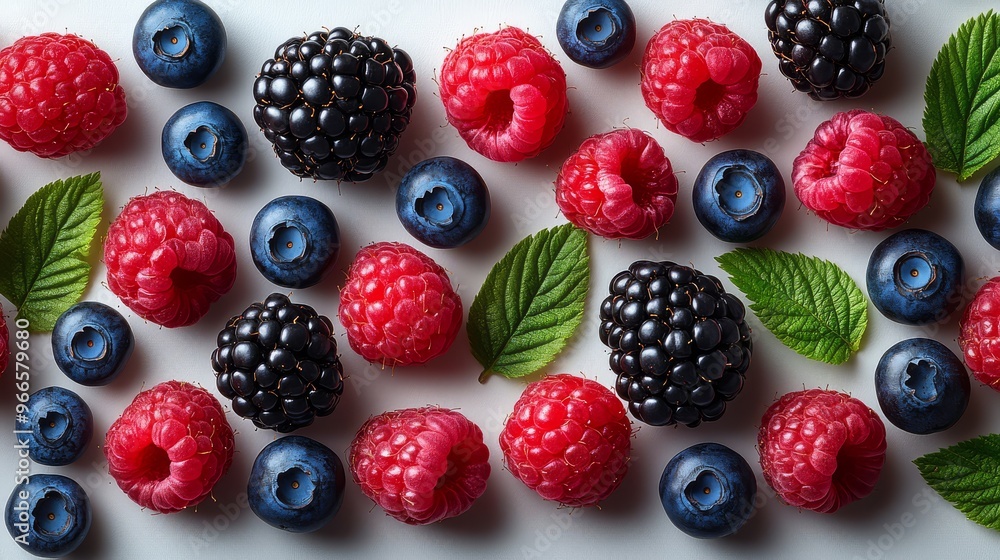 Assorted fresh berries and green leaves spread on a white background. Vibrant raspberries, blackberries, and blueberries in a flat lay arrangement. Assorted fresh berries and green leaves spread on a white background. Vibrant raspberries, blackberries, and blueberries in a flat lay arrangement.