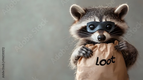 Mischievous Raccoon in Thief Costume with Bag of Loot on Halloween Night photo