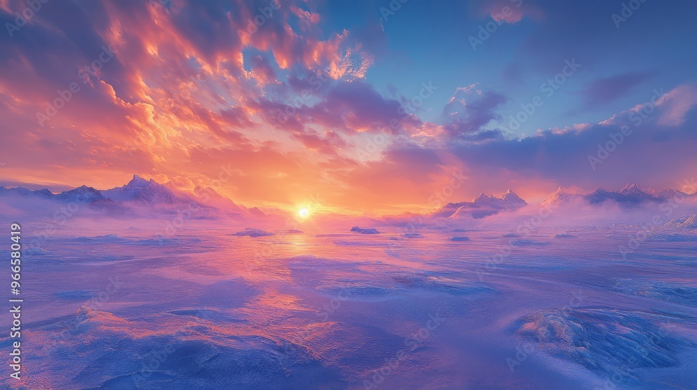 Fototapeta premium Breathtaking sunrise over a snowy landscape with vibrant hues of pink, orange, and blue, creating a serene and magical winter scene.