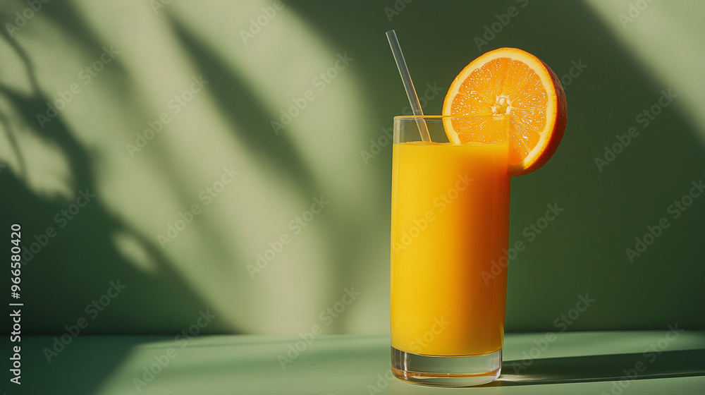 glass of orange juice with a slice of orange on a green background. glass of orange juice with a slice of orange on a green background.