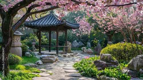 Serene Japanese Garden with Cherry Blossom Tree and Stone Pagoda