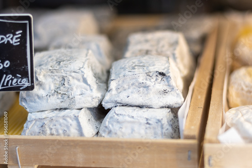 Cheese collection, French Carre Cendre Lait cru Chevre pyramid cheese made from goat milk with ash in Souillac, Perigord region in France