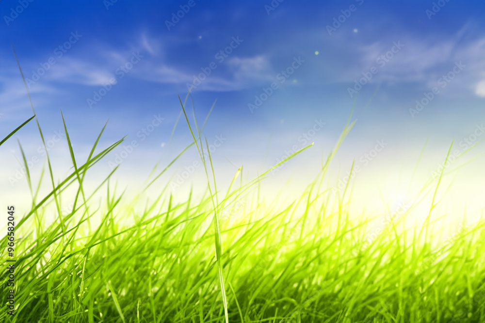 Close-up of vibrant green grass blades against a bright blue sky with white clouds, creating a natural, fresh, and summery feel. Close-up of vibrant green grass blades against a bright blue sky with white clouds, creating a natural, fresh, and summery feel.