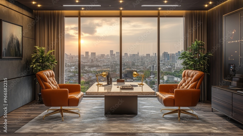 Fototapeta premium A premium podcast studio featuring two leather recliners, gold microphones on a sleek marble table, and a big cityscape window. Warm lighting creates a refined yet inviting space for high-end recordin